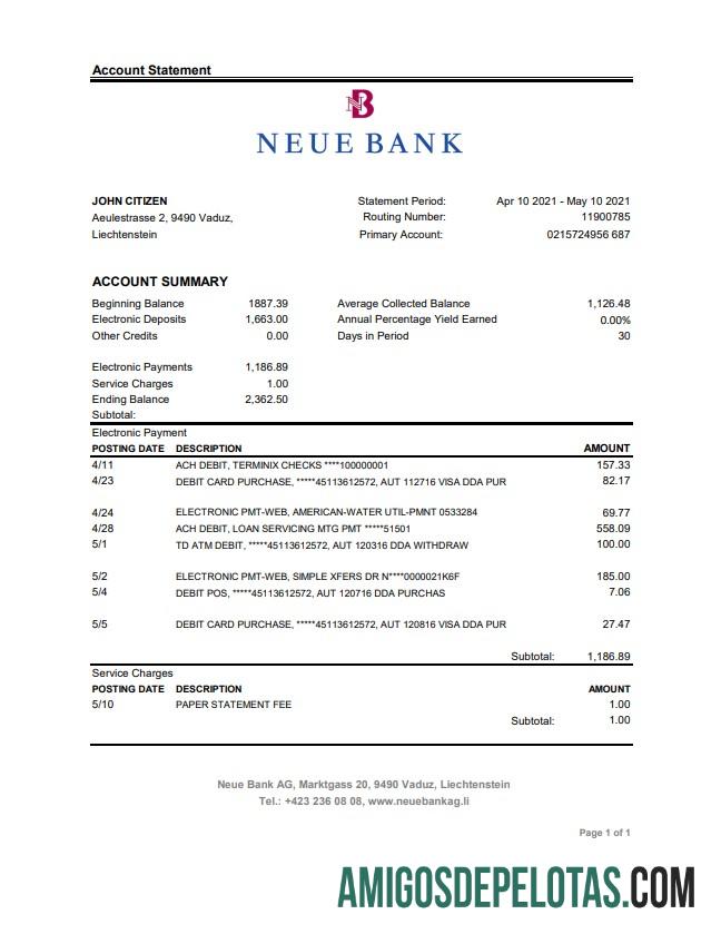 Extrato bancário do Liechtenstein Neue Bank AG para download, modelo fácil de preencher em formato de arquivo .xls e .pdf
